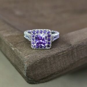 Amethyst Engagement Ring & Wedding Band Set | Princess-Cut Halo Bridal Set